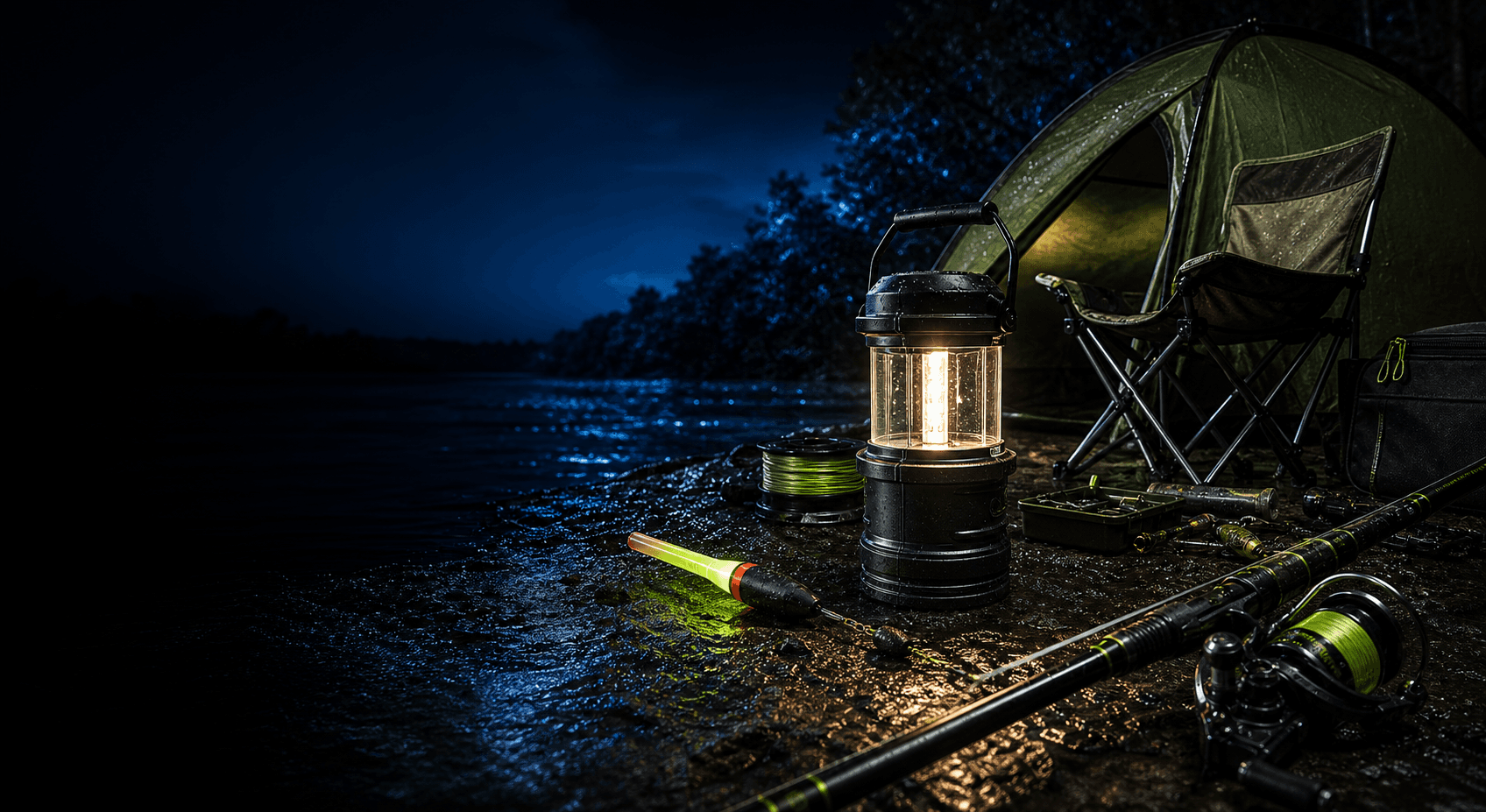 Equipamentos para pesca noturna e camping próximos da água